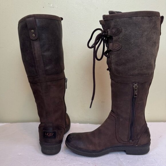 UGG ELSA Waterproof Tall Leather Suede Boots Zipper Laces Brown Winter Neutral 6 - Picture 5 of 16